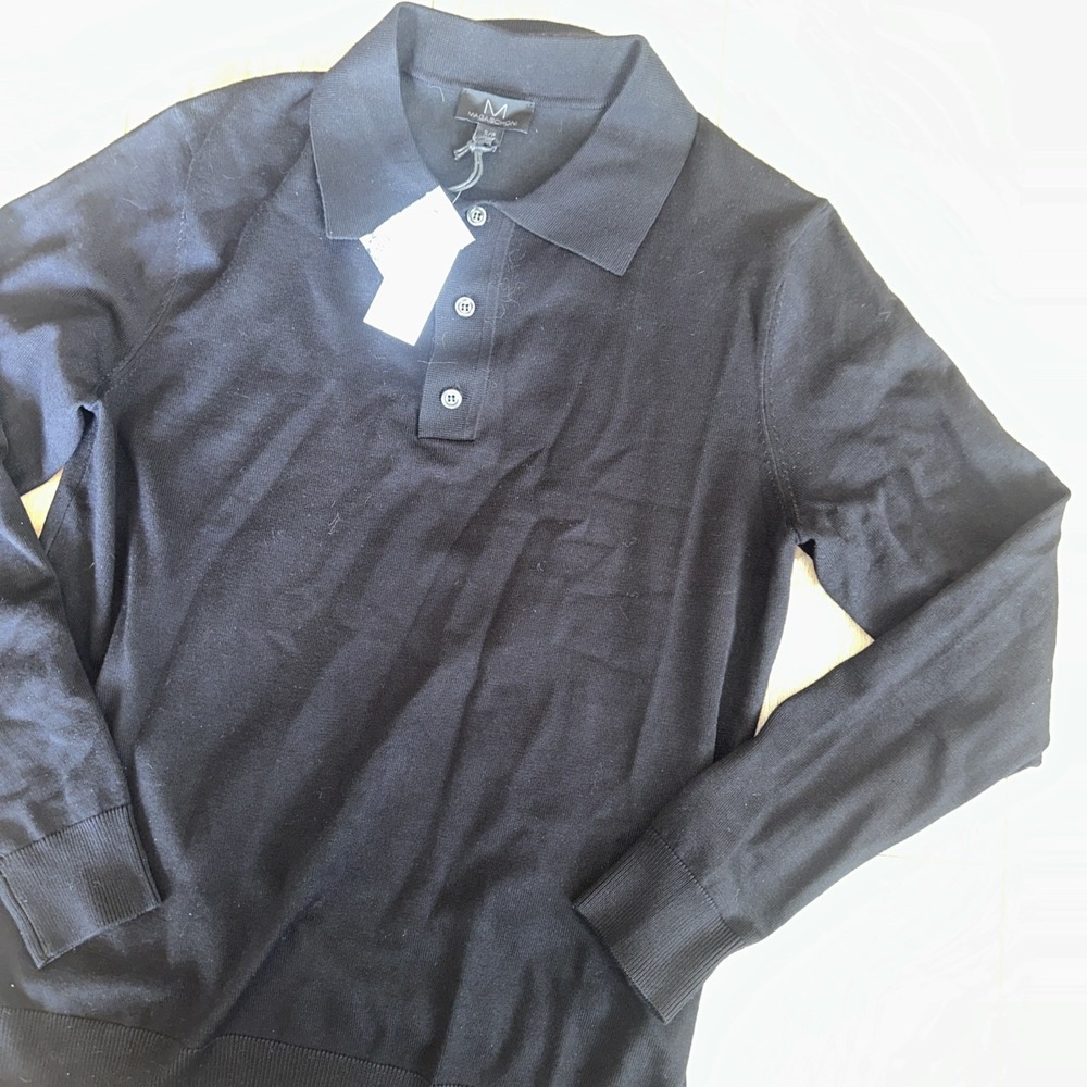 Magaschoni Men's Long Sleeve Knit Sweater Collared 3 Button Rayon Black Small